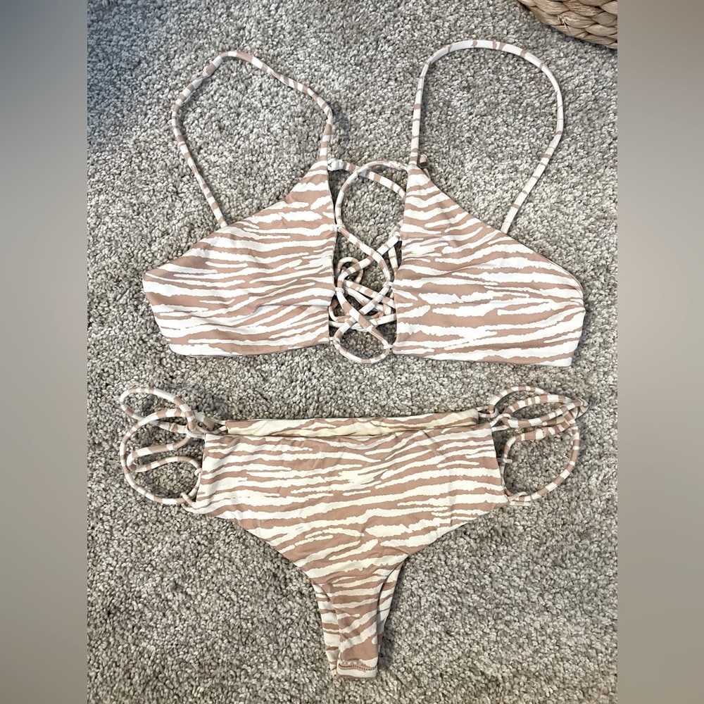 Indah Zebra Print Bikini in Tan and White